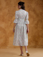 White Cotton V-Neck Printed Dress for Women - SanskrutiHomes 