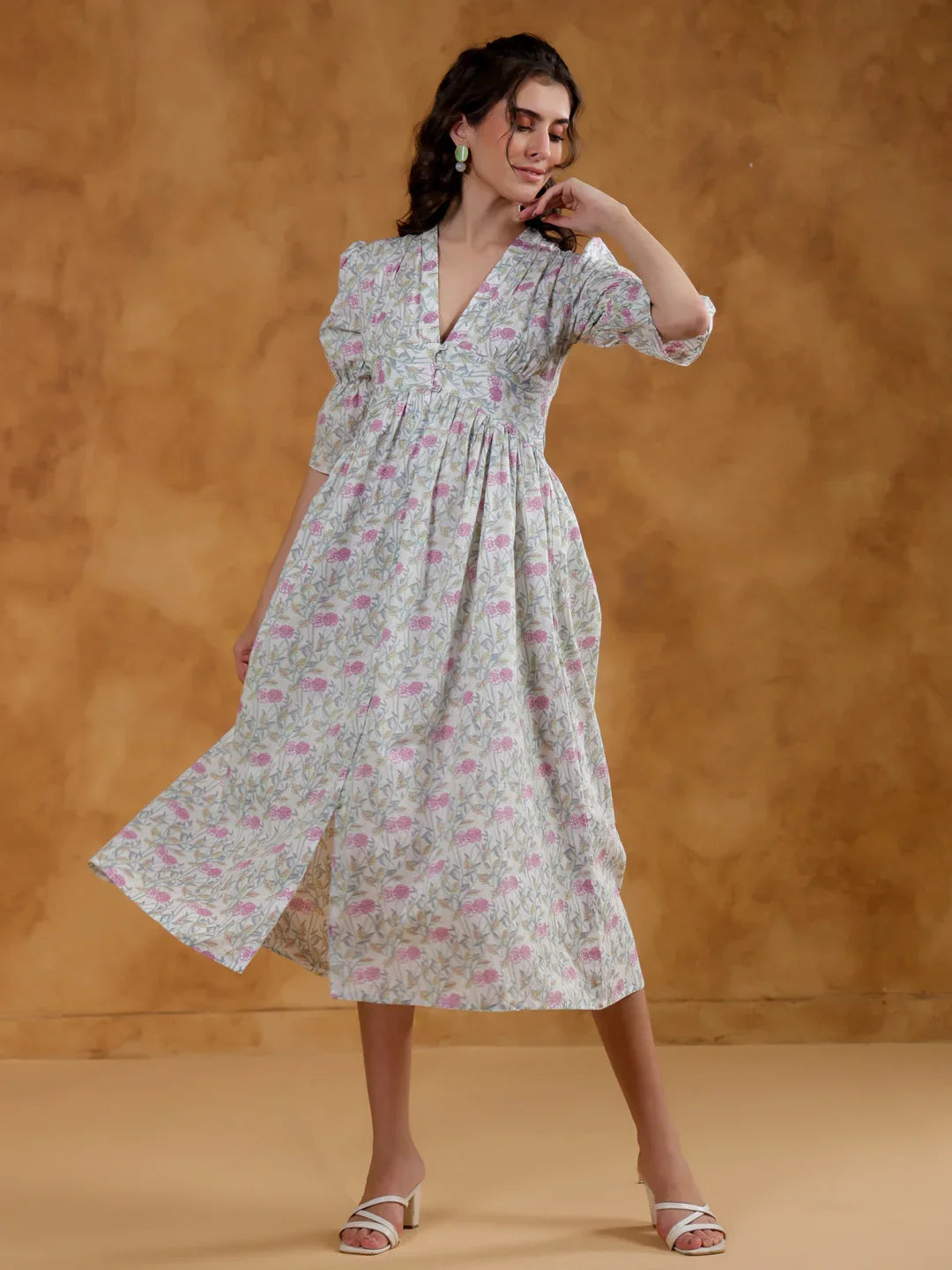 White Cotton V-Neck Printed Dress for Women - SanskrutiHomes 