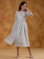 White Cotton V-Neck Printed Dress for Women - SanskrutiHomes 
