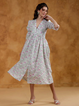 White Cotton V-Neck Printed Dress for Women - SanskrutiHomes 