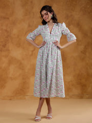 White Cotton V-Neck Printed Dress for Women - SanskrutiHomes 