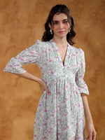 White Cotton V-Neck Printed Dress for Women - SanskrutiHomes 