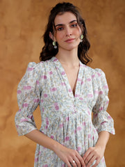 White Cotton V-Neck Printed Dress for Women - SanskrutiHomes 