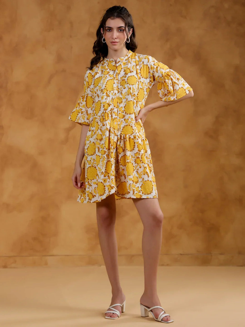 White Round Neck Printed Dress for Women - SanskrutiHomes 