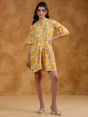 White Round Neck Printed Dress for Women - SanskrutiHomes 