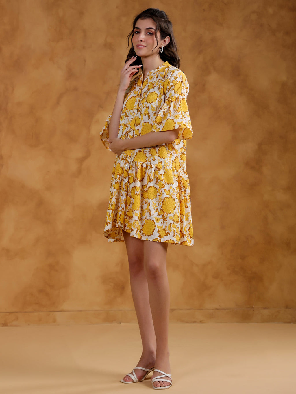 White Round Neck Printed Dress for Women - SanskrutiHomes 