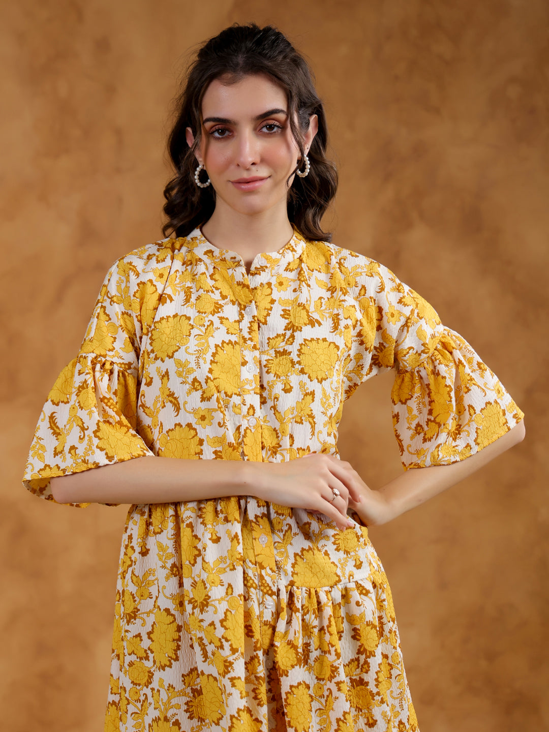 White Round Neck Printed Dress for Women - SanskrutiHomes 