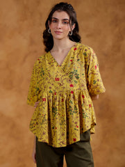 Yellow Color V-Neck Printed co-ords set for women - SanskrutiHomes 