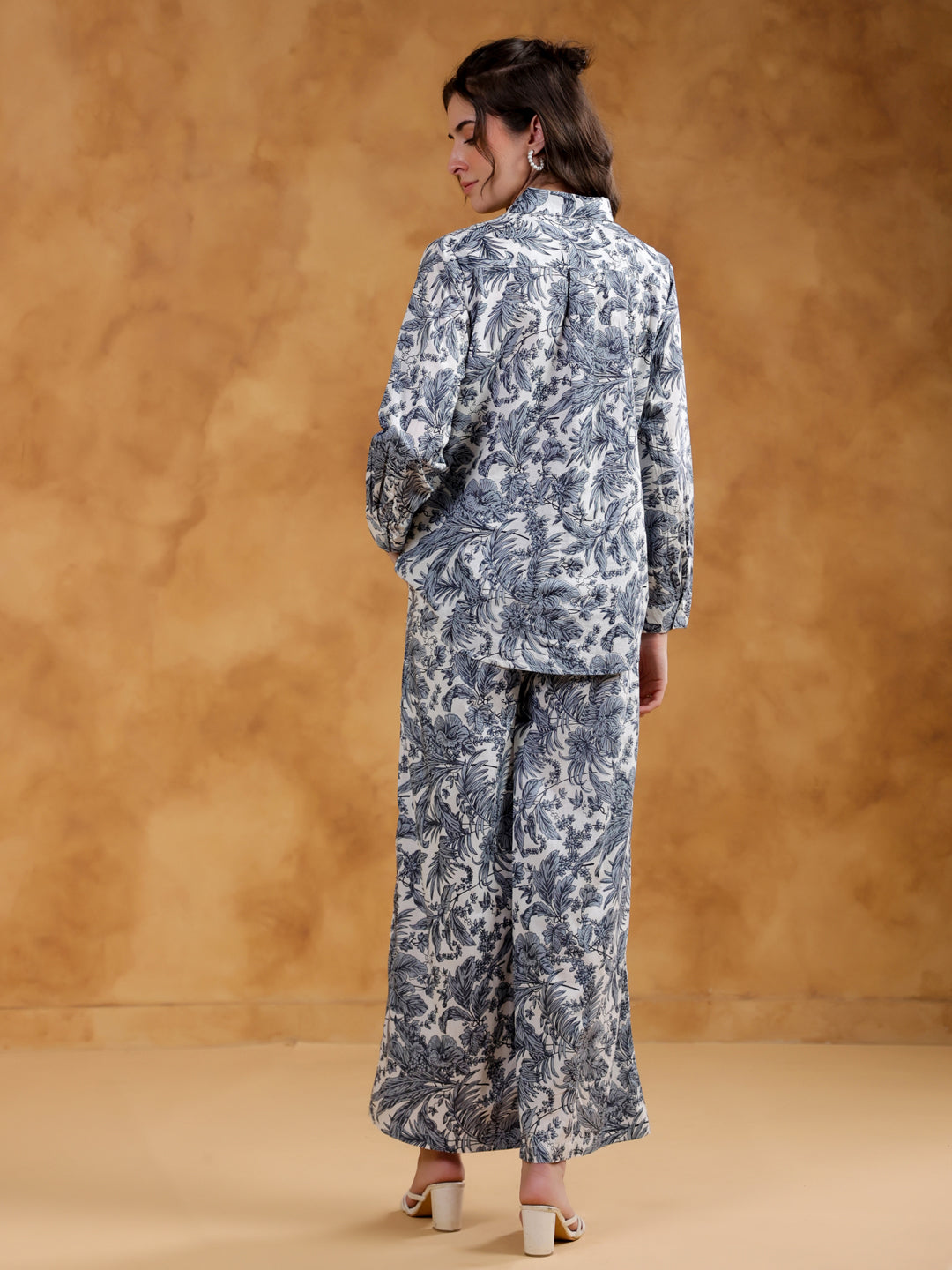 White Shirt Collar Pure Cotton Printed Co-ords Set for Women - SanskrutiHomes 