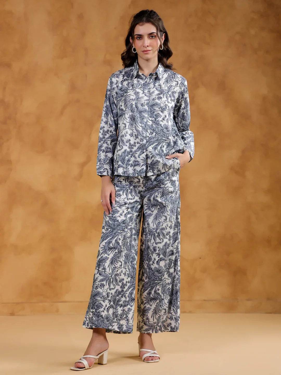 White Shirt Collar Pure Cotton Printed Co-ords Set for Women - SanskrutiHomes 