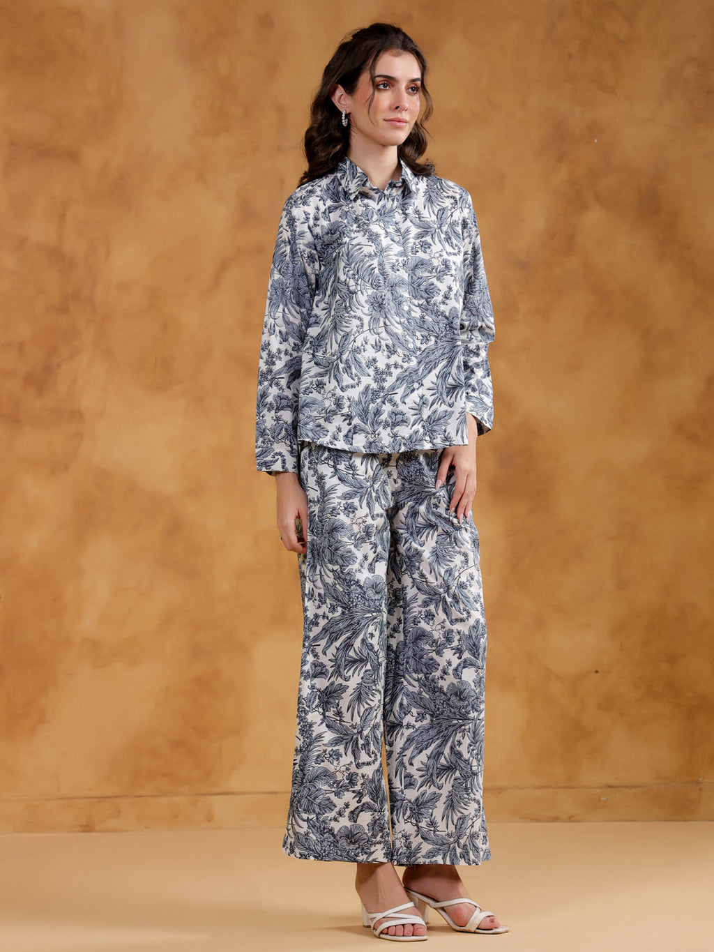 White Shirt Collar Pure Cotton Printed Co-ords Set for Women - SanskrutiHomes 