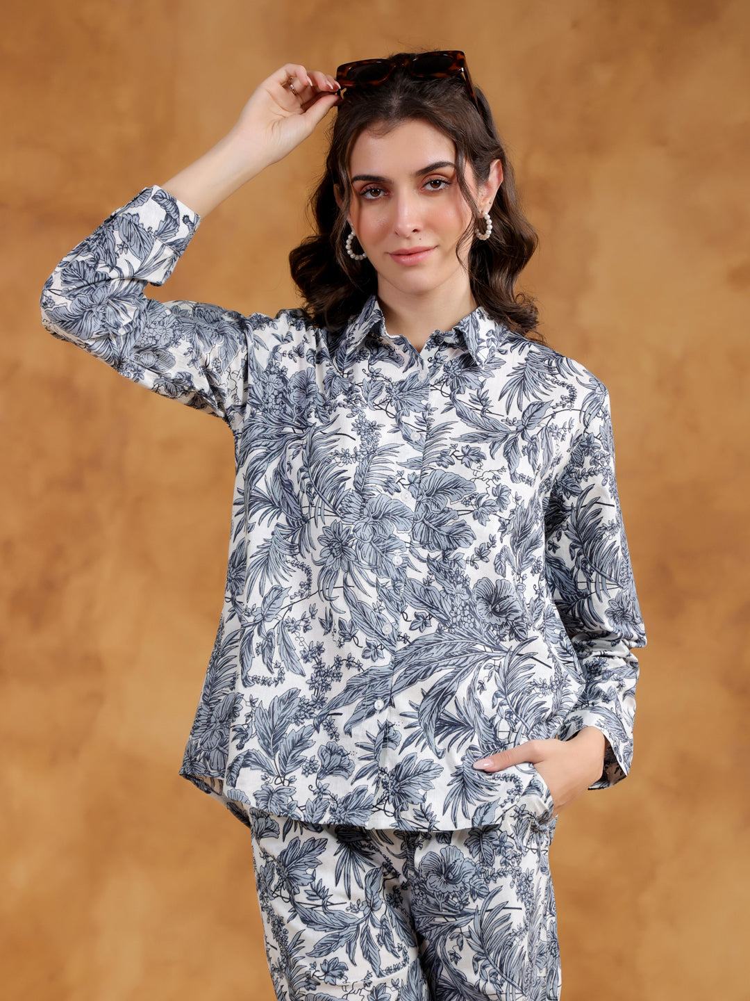 White Shirt Collar Pure Cotton Printed Co-ords Set for Women - SanskrutiHomes 