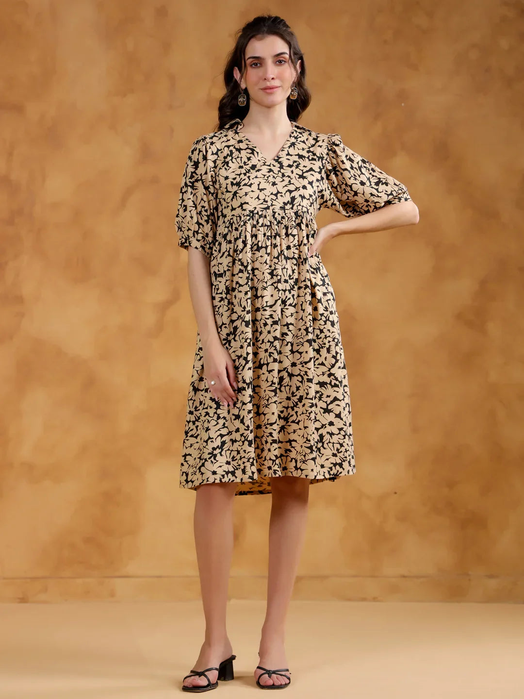 Beige Color Floral Printed Viscose Rayon dress for women - SanskrutiHomes 