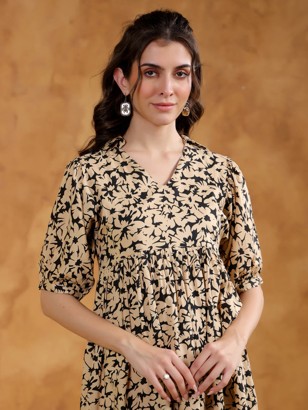 Beige Color Floral Printed Viscose Rayon dress for women - SanskrutiHomes 