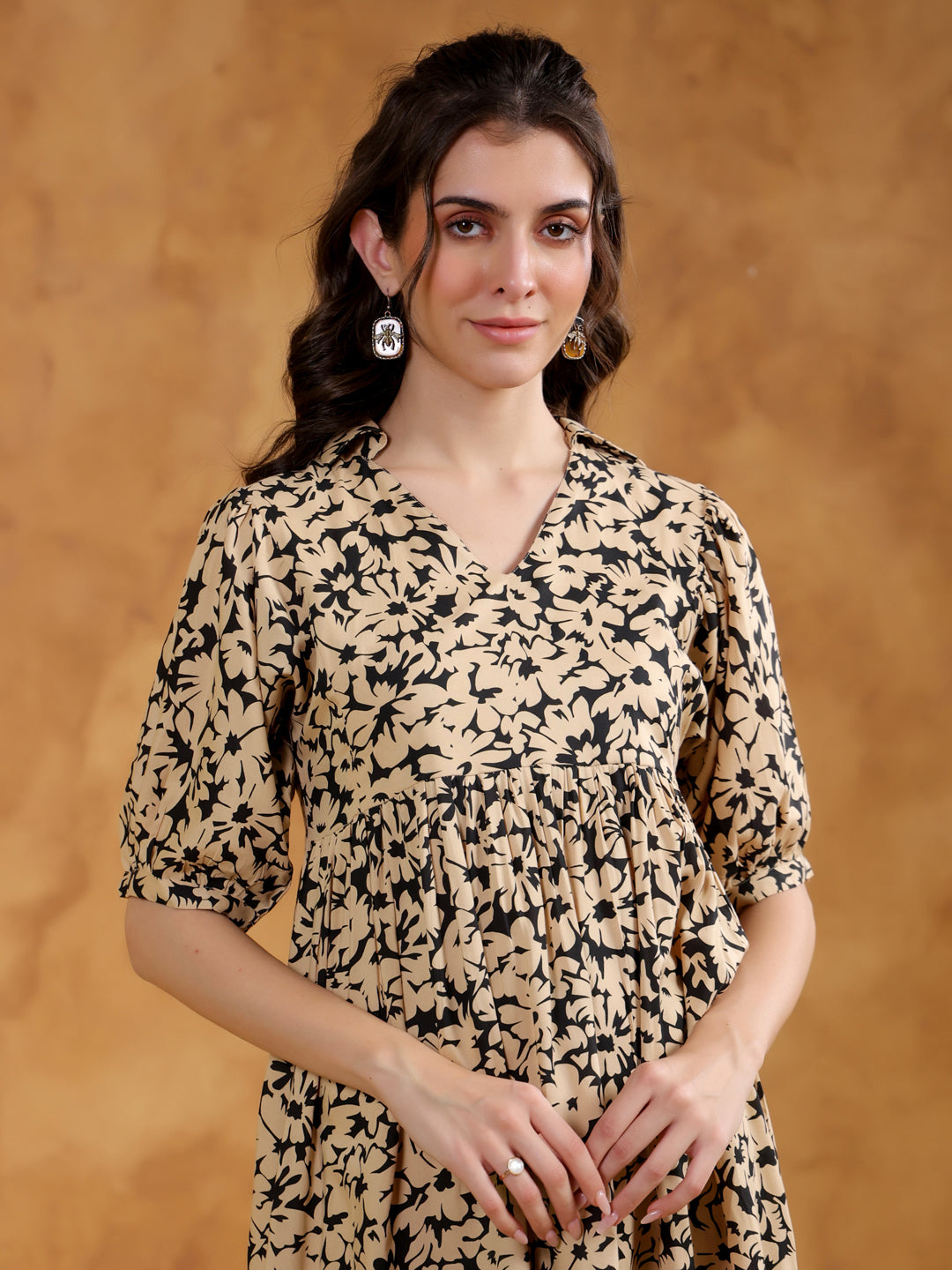 Beige Color Floral Printed Viscose Rayon dress for women - SanskrutiHomes 