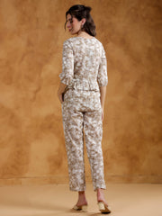 Beige Color V-Neck Printed co-ords set for women - SanskrutiHomes 