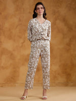 Beige Color V-Neck Printed co-ords set for women - SanskrutiHomes 