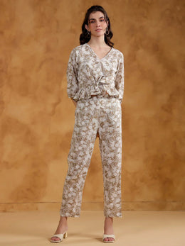 Beige Color V-Neck Printed co-ords set for women - SanskrutiHomes 