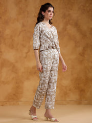 Beige Color V-Neck Printed co-ords set for women - SanskrutiHomes 