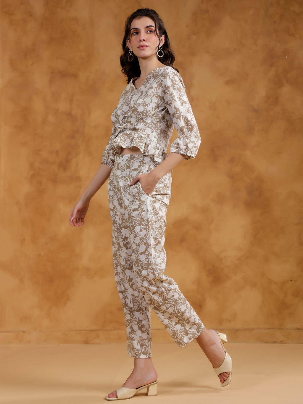 Beige Color V-Neck Printed co-ords set for women - SanskrutiHomes 