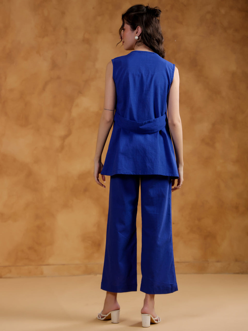 Blue Color V-Neck Solid co-ords set for women - SanskrutiHomes 