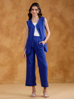 Blue Color V-Neck Solid co-ords set for women - SanskrutiHomes 