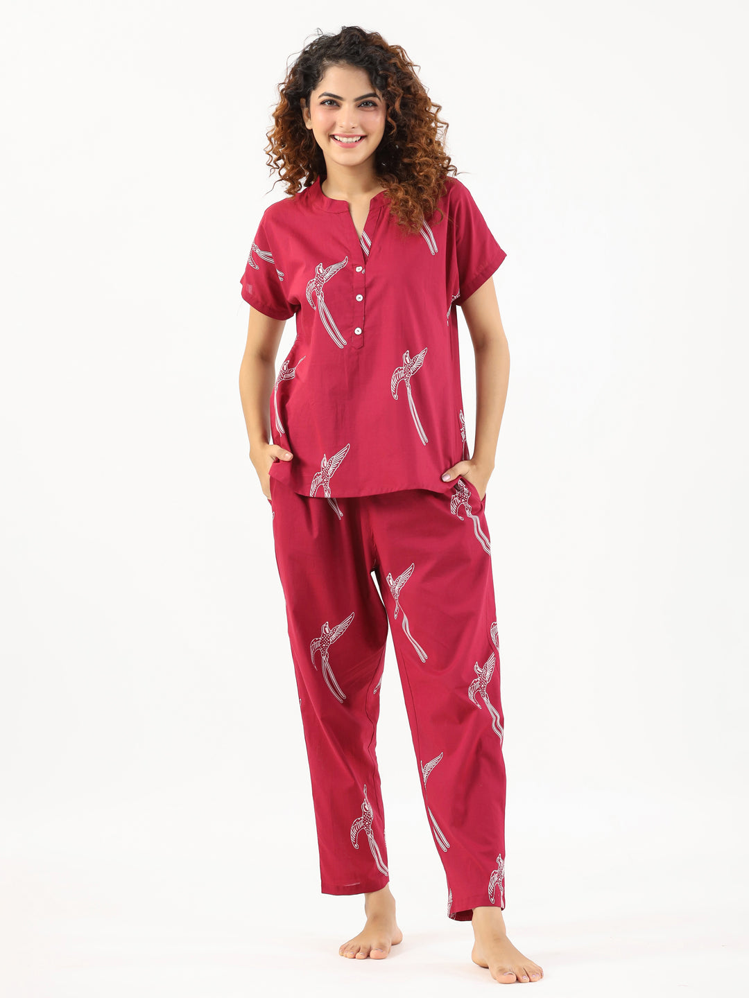 Wine Conversational Eagle Printed Night Suit Set With Pyjama