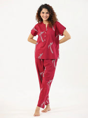 Wine Conversational Eagle printed Night suit set with pyjama - SanskrutiHomes 