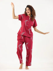 Wine Conversational Eagle printed Night suit set with pyjama - SanskrutiHomes 