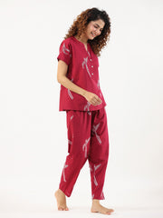 Wine Conversational Eagle Printed Night Suit Set With Pyjama