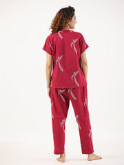 Wine Conversational Eagle Printed Night Suit Set With Pyjama
