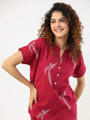Wine Conversational Eagle printed Night suit set with pyjama - SanskrutiHomes 