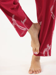 Wine Conversational Eagle Printed Night Suit Set With Pyjama