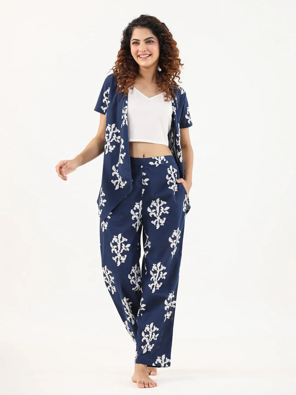 Indigo booti 3 pc Night Suit Set with Pyjama - SanskrutiHomes 