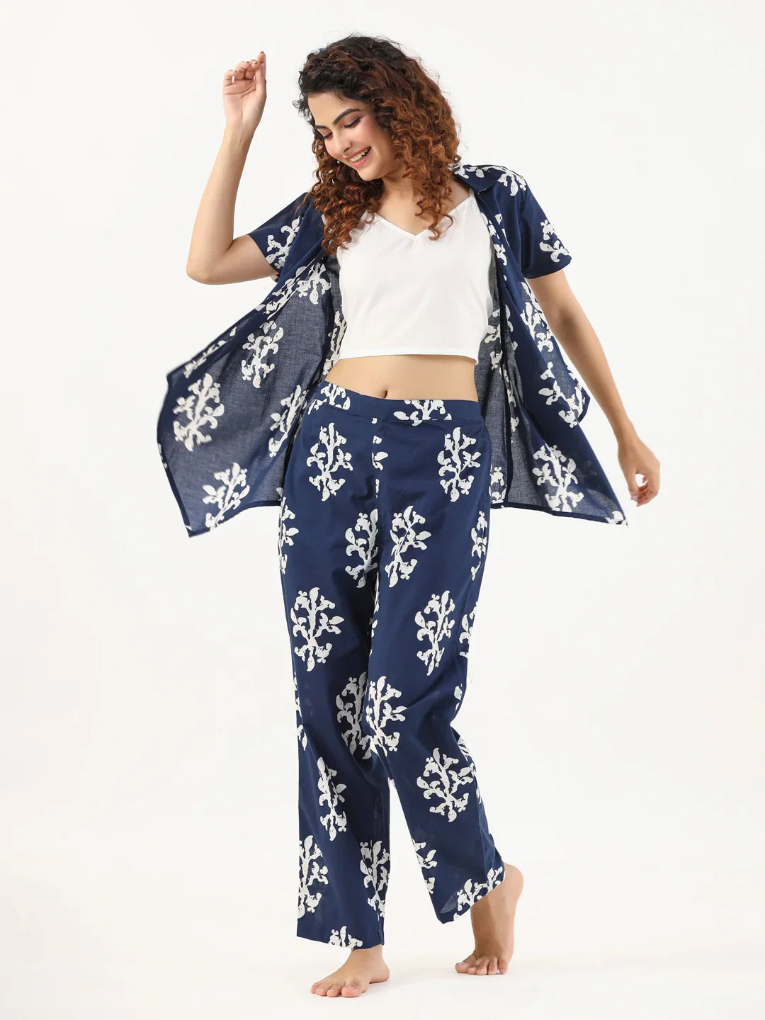 Indigo booti 3 pc Night Suit Set with Pyjama - SanskrutiHomes 