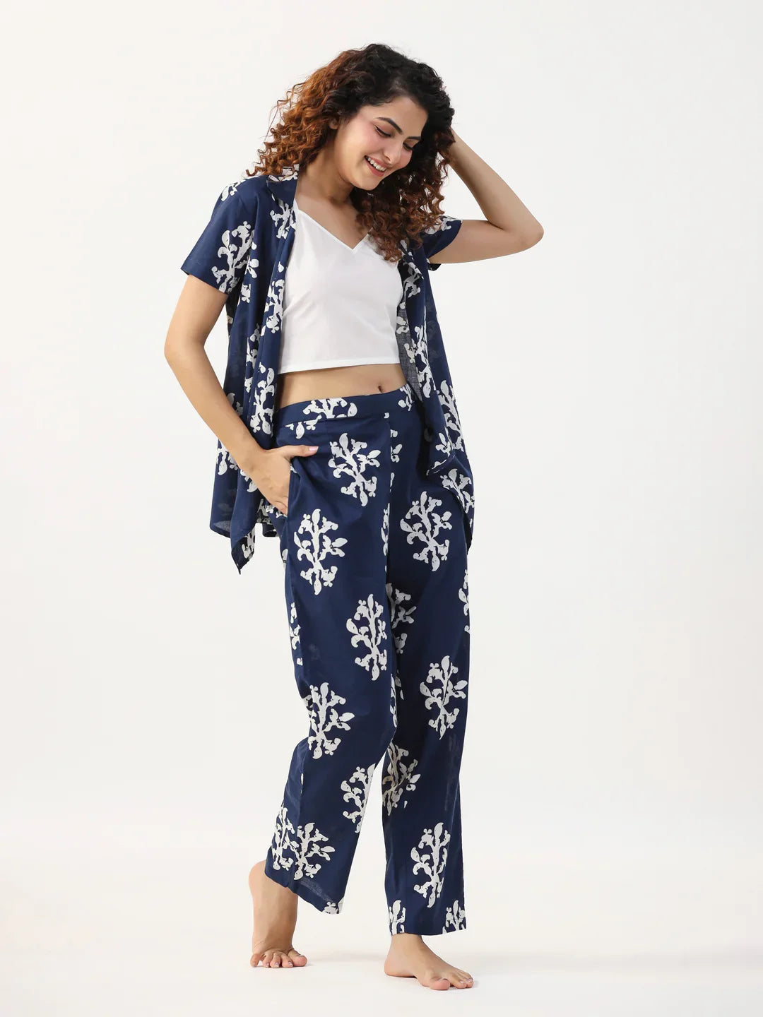 Indigo booti 3 pc Night Suit Set with Pyjama - SanskrutiHomes 
