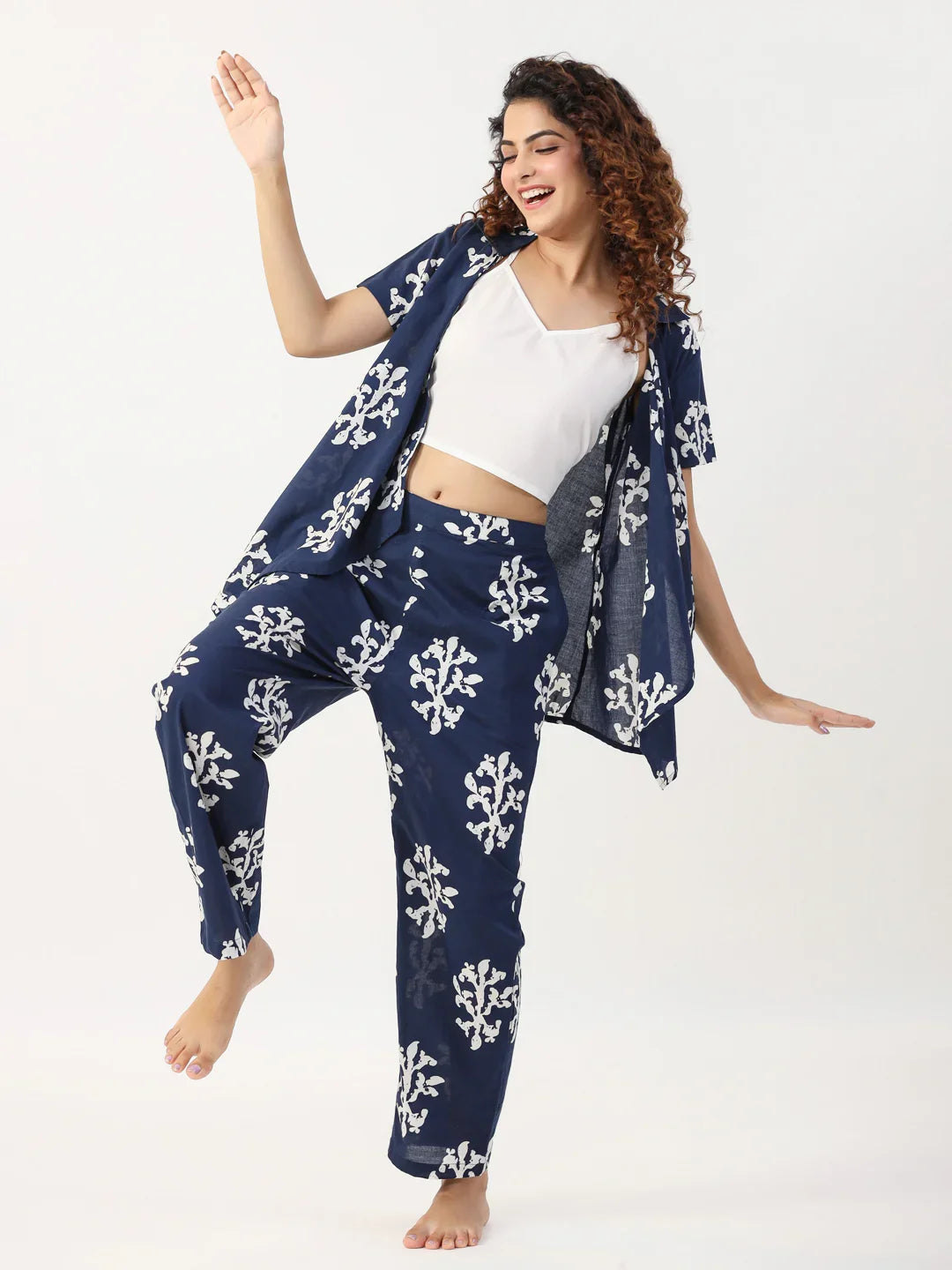 Indigo booti 3 pc Night Suit Set with Pyjama - SanskrutiHomes 