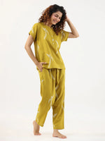 Mustard and White Conversational Eagle printed Night suit set with pyjama - SanskrutiHomes 