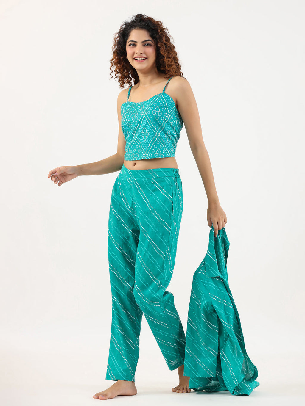 Turquoise Bhandej Cotton 3 peice Co-ord set - SanskrutiHomes 