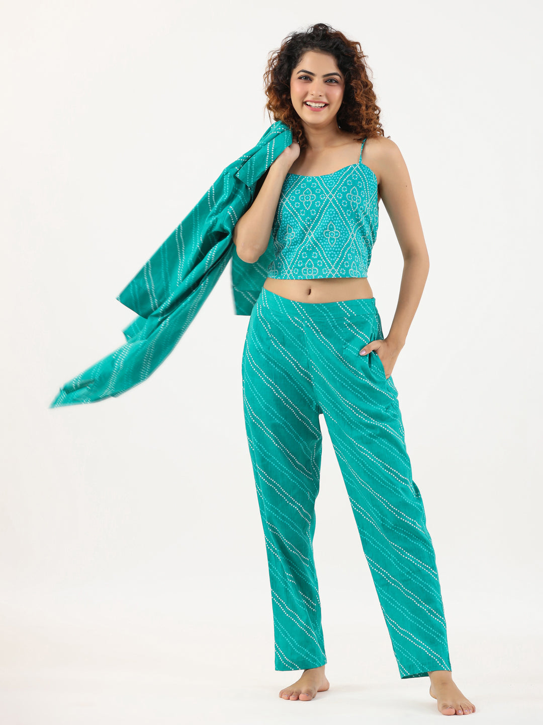 Turquoise Bhandej Cotton 3 peice Co-ord set - SanskrutiHomes 