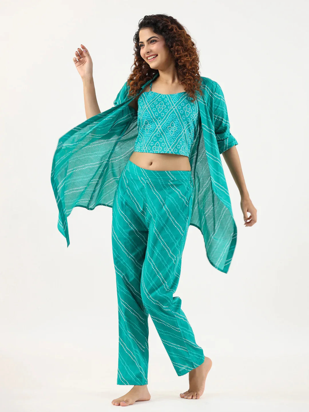 Turquoise Bhandej Cotton 3 peice Co-ord set - SanskrutiHomes 