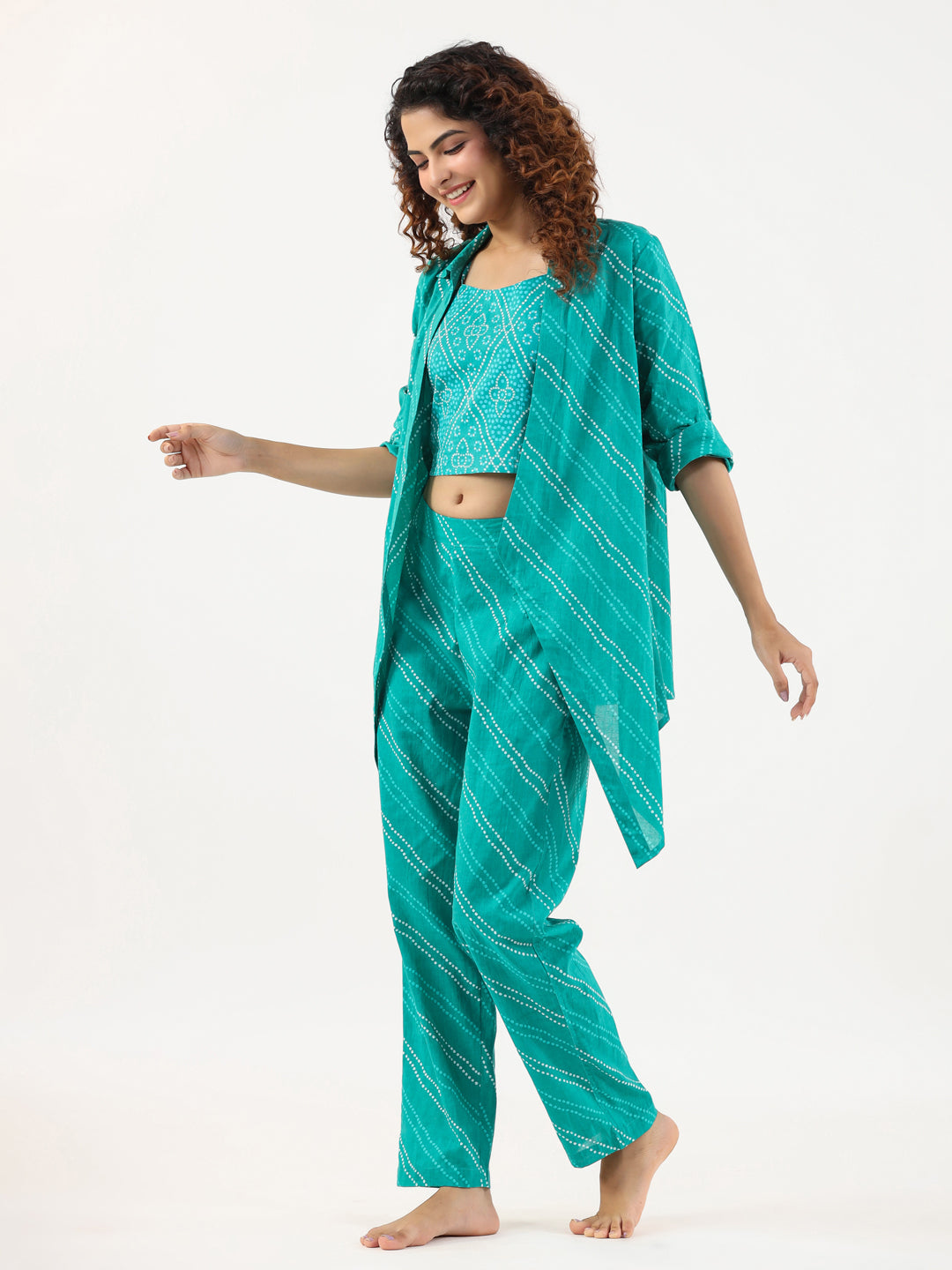 Turquoise Bhandej Cotton 3 peice Co-ord set - SanskrutiHomes 