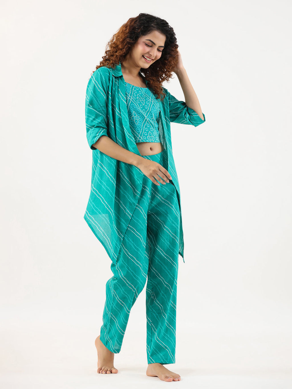 Turquoise Bhandej Cotton 3 peice Co-ord set - SanskrutiHomes 
