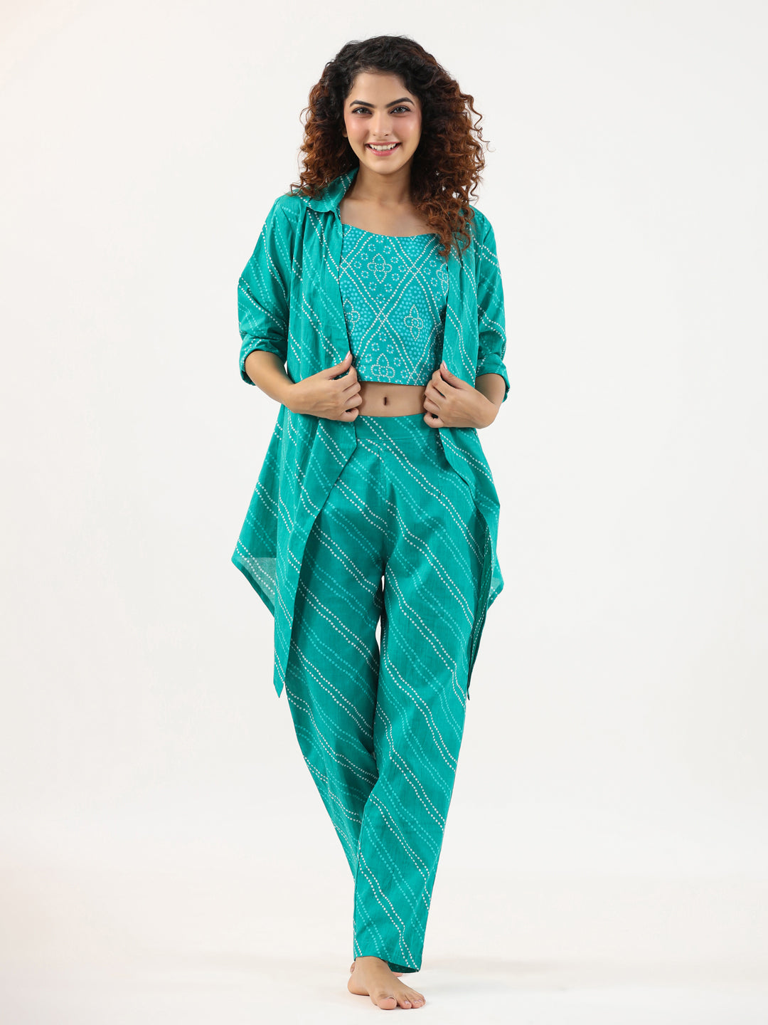 Turquoise Bhandej Cotton 3 peice Co-ord set - SanskrutiHomes 