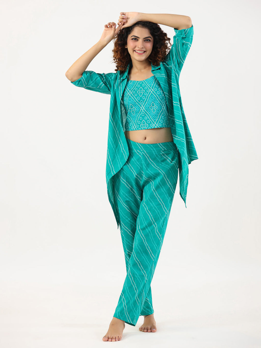 Turquoise Bhandej Cotton 3 peice Co-ord set - SanskrutiHomes 