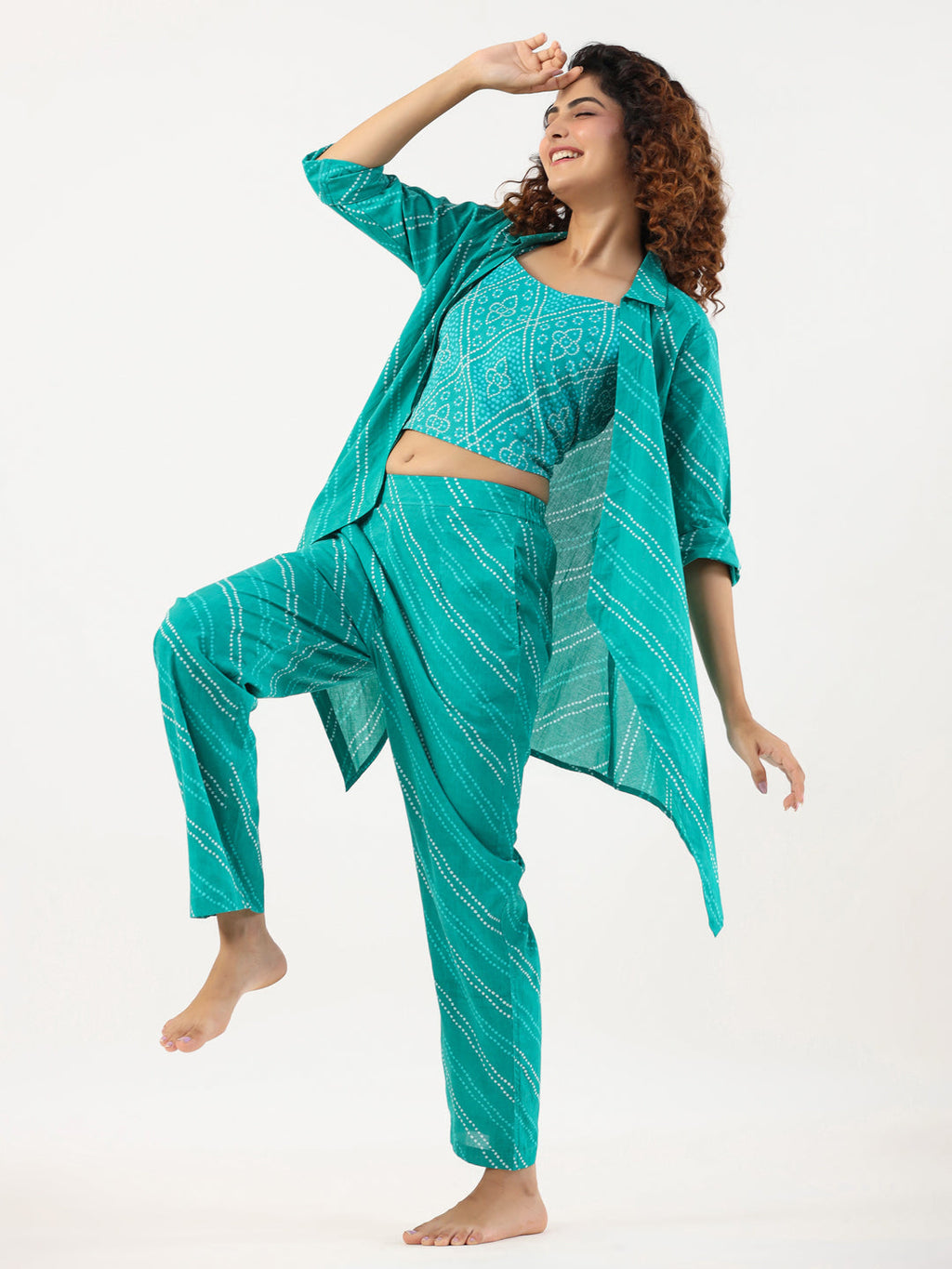 Turquoise Bhandej Cotton 3 peice Co-ord set - SanskrutiHomes 