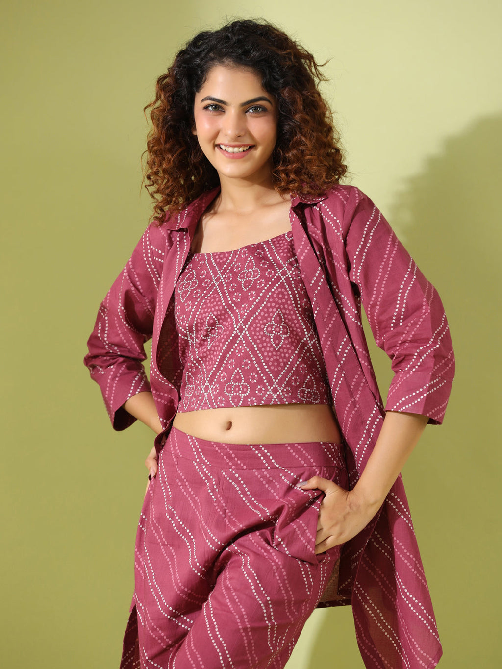 MYSTIC MAROON Bhandej Cotton 3 peice Co-ord set - SanskrutiHomes 