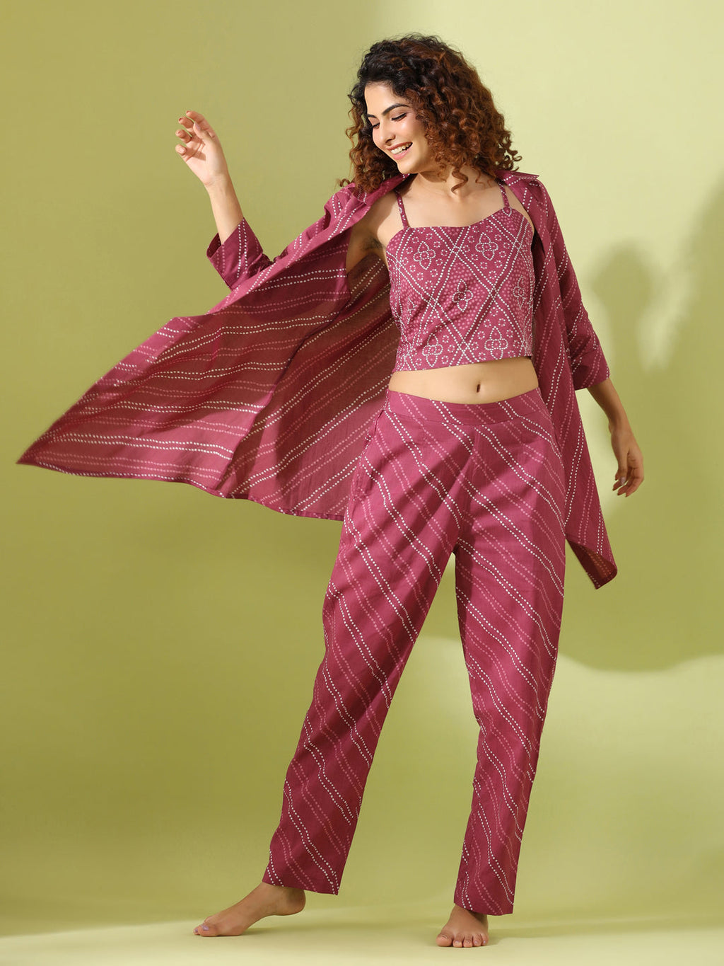 MYSTIC MAROON Bhandej Cotton 3 peice Co-ord set - SanskrutiHomes 