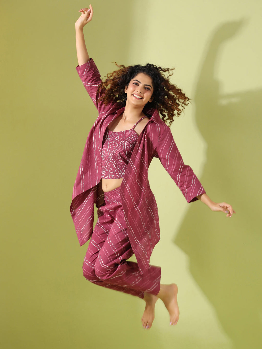 MYSTIC MAROON Bhandej Cotton 3 peice Co-ord set - SanskrutiHomes 