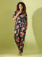 Black Cotton Printed Night Suit Set with Payjama - SanskrutiHomes 